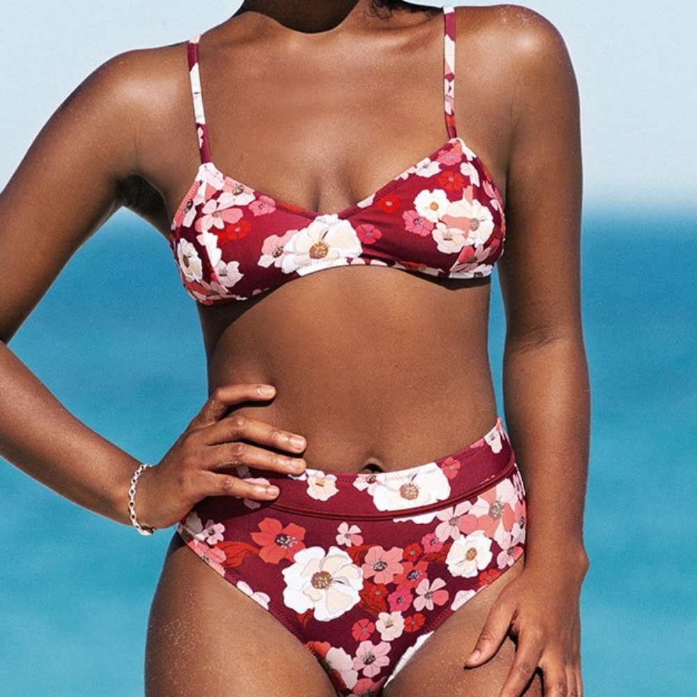 Cupshe Marroon floral high waisted bikini set
